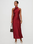 front view of model wearing Princess Polly Mordecai Halter Maxi Dress Burgundy High Neck 