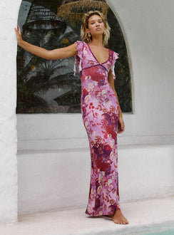 front view of model wearing Princess Polly Soleila Maxi Dress Purple Multi Petite V-Neck 