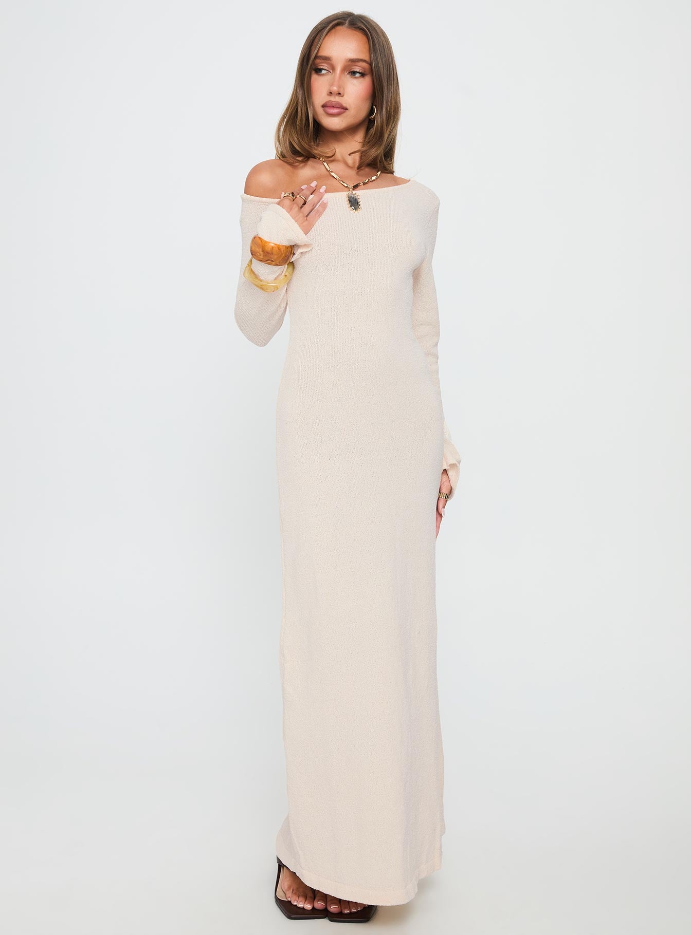 Kloey Long Sleeve Knit Maxi Dress Cream