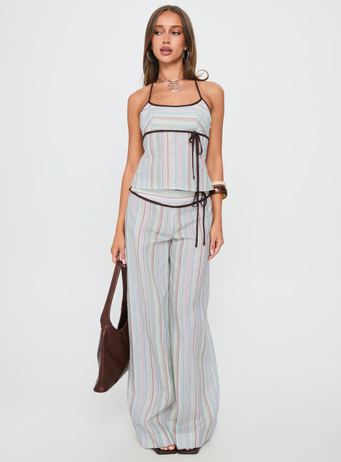 front view of model wearing Princess Polly Taylar Thick Waistband Tie Pants Green Stripe High Waisted Pants 