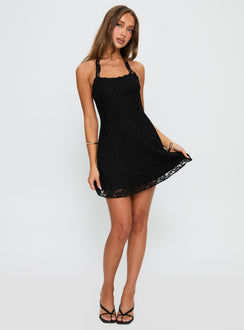 front view of model wearing Princess Polly Front Page Halter Lace Mini Dress Black Square Neck 