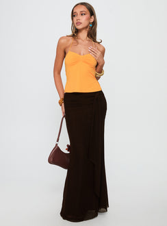   front view of model wearing Princess Polly Caviar Tie Maxi Skirt Chocolate Maxi 