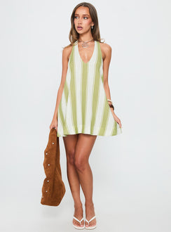 Khaia Halter Mini Dress Green / Cream Stripe