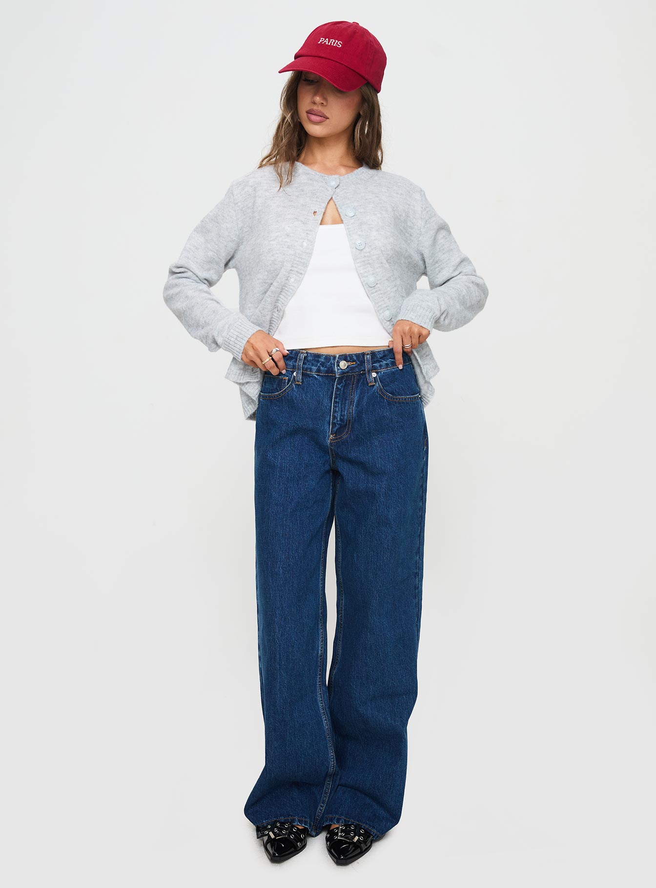 front view of model wearing Princess Polly Shima Low Rise Slouch Jeans Mid Wash Mid Rise 