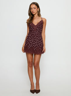 Call My Lover Lace Slip Mini Dress Brown Polka