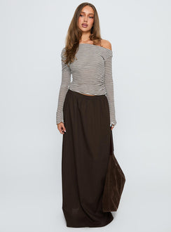   side view of model wearing Princess Polly Hallee Maxi Skirt Brown Maxi 