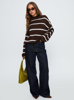 side view of model wearing Princess Polly Alara Mock Neck Knit Sweater Brown Stripe 
