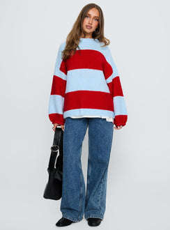 front view of model wearing Princess Polly Bastien Crew Neck Knit Sweater Blue / Red 