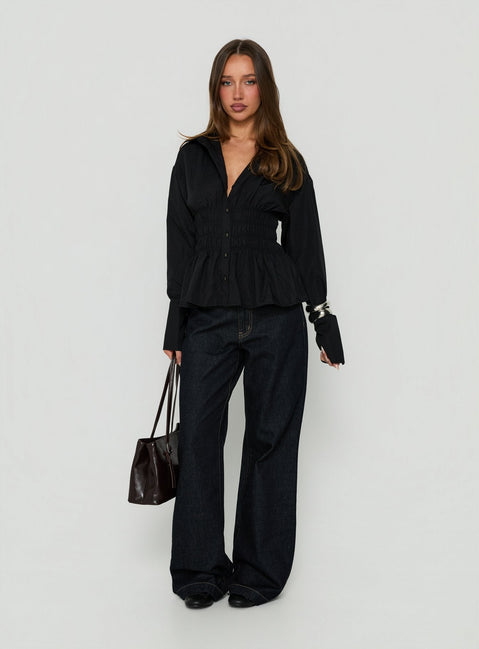 As You Are Shirred Button Up Top Black
