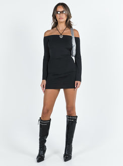 front view of model wearing Princess Polly Dayne Mini Dress Black Straight Neck 