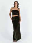 Matching set Velour material Strapless crop top Elasticated band at bust Maxi skirt Good stretch Unlined 