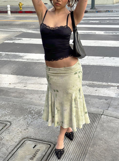   front view of model wearing Princess Polly Lewish Low Rise Midi Skirt Green Floral Midi Skirts 