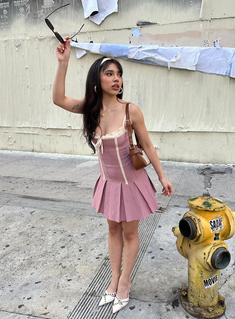 front view of model wearing Princess Polly Shirina Mini Dress Dusty Pink Square Neck 