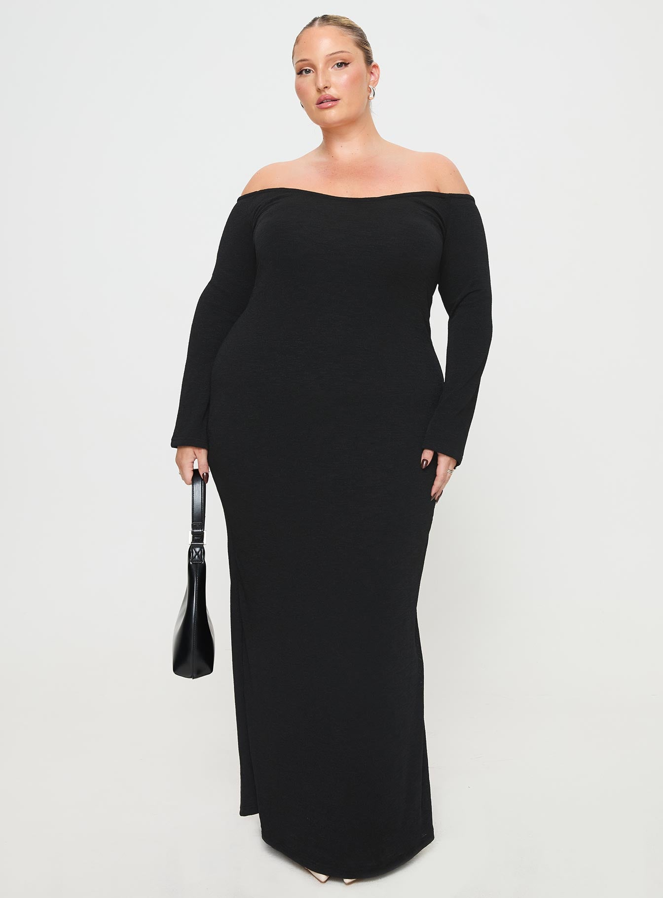 front view of model wearing Princess Polly Korey Off The Shoulder Maxi Dress Black Curve Straight Neck 