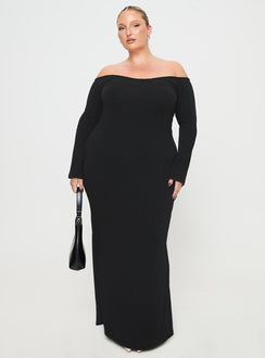 front view of model wearing Princess Polly Korey Off The Shoulder Maxi Dress Black Curve Straight Neck 