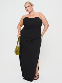 front view of model wearing Princess Polly Ferri Strapless Maxi Dress Black Curve Straight Neck 