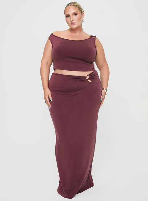   side view of model wearing Princess Polly Whiley Maxi Skirt Mauve Curve Maxi 