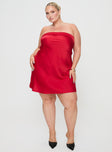 Princess Polly Curve Strapless mini dress Silky material, inner silicone strip at bust, folded neckline, elasticated strap at back, invisible zip fastening at back Non-stretch, unlined