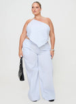 front view of model wearing Princess Polly Collied Low Rise Pants Blue / White Stripe Curve High Waisted Pants 