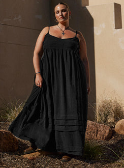 Front view of model wearing  front Princess Polly Square Neck  Milden Linen Blend Maxi Dress Black Curve