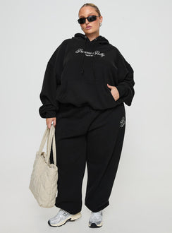 front view of model wearing Princess Polly Princess Polly Hooded Sweatshirt Script Black / Ivory Curve 