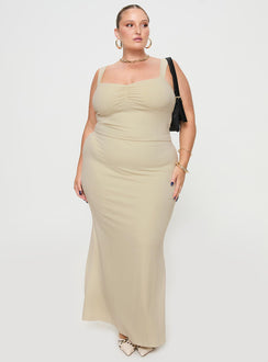 Ecru Matching set Fixed straps, pinched bust, elasticated waistband, high split in hem at back