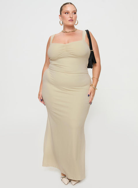 Ecru Matching set Fixed straps, pinched bust, elasticated waistband, high split in hem at back