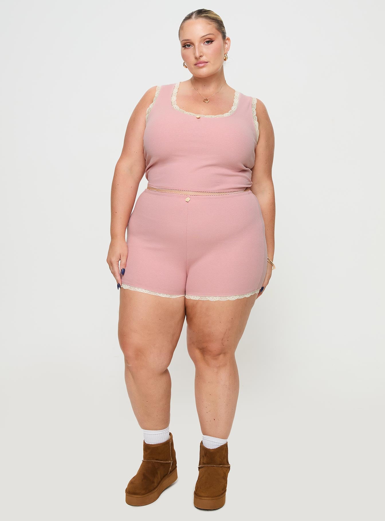 Riley Matching sleep set Tank style top, ribbed material, lace trim with flower detail, elasticated waistband