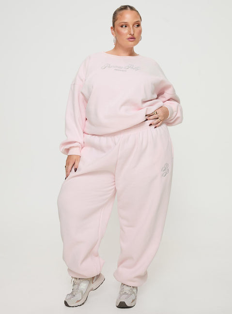 front view of model wearing Princess Polly Princess Polly Track Pants Script Baby Pink / Grey Curve 