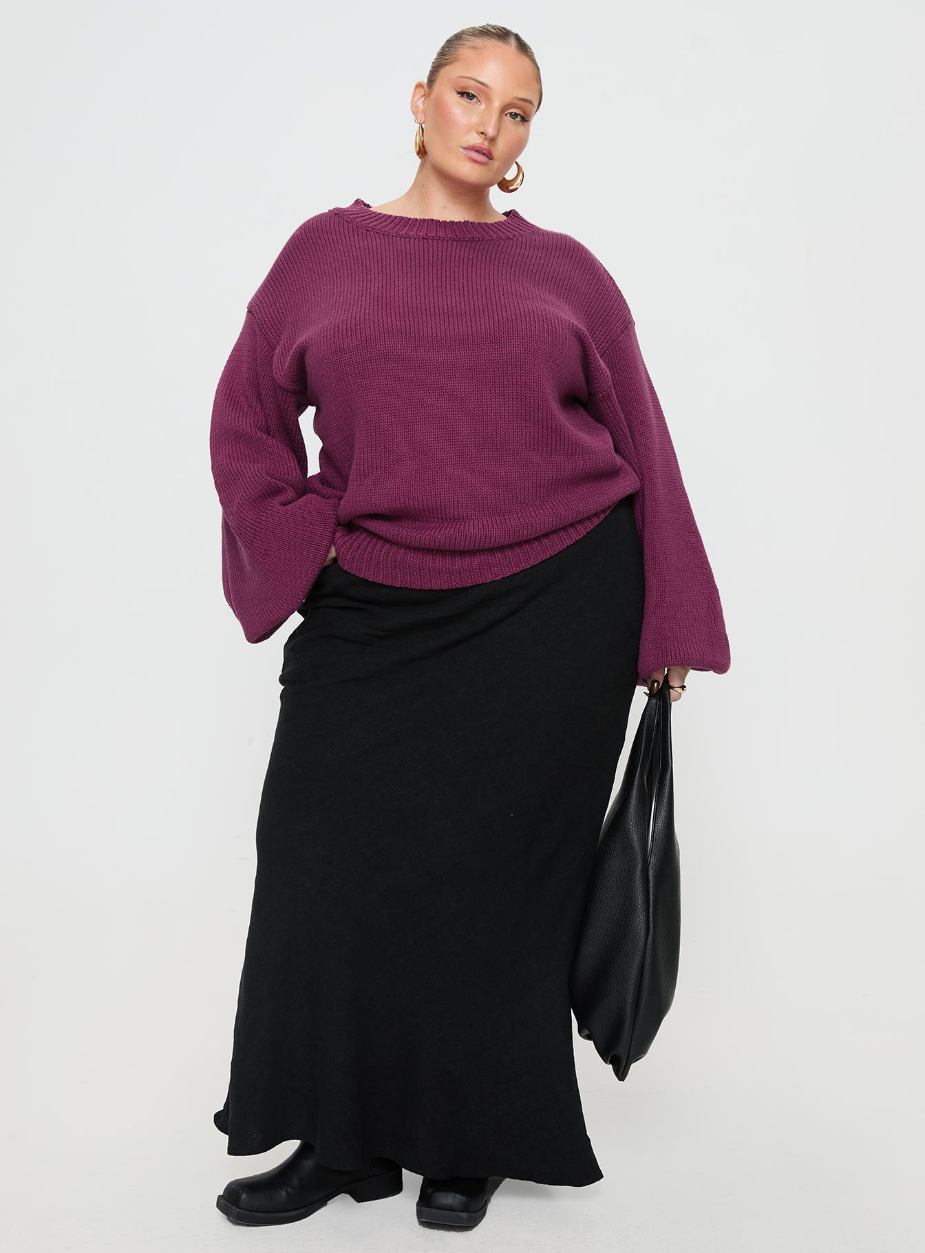 front view of model wearing Princess Polly Harmony Knit Sweater Burgundy Curve regular 