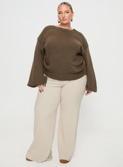 side view of model wearing Princess Polly Harmony Knit Sweater Dark Brown Curve 