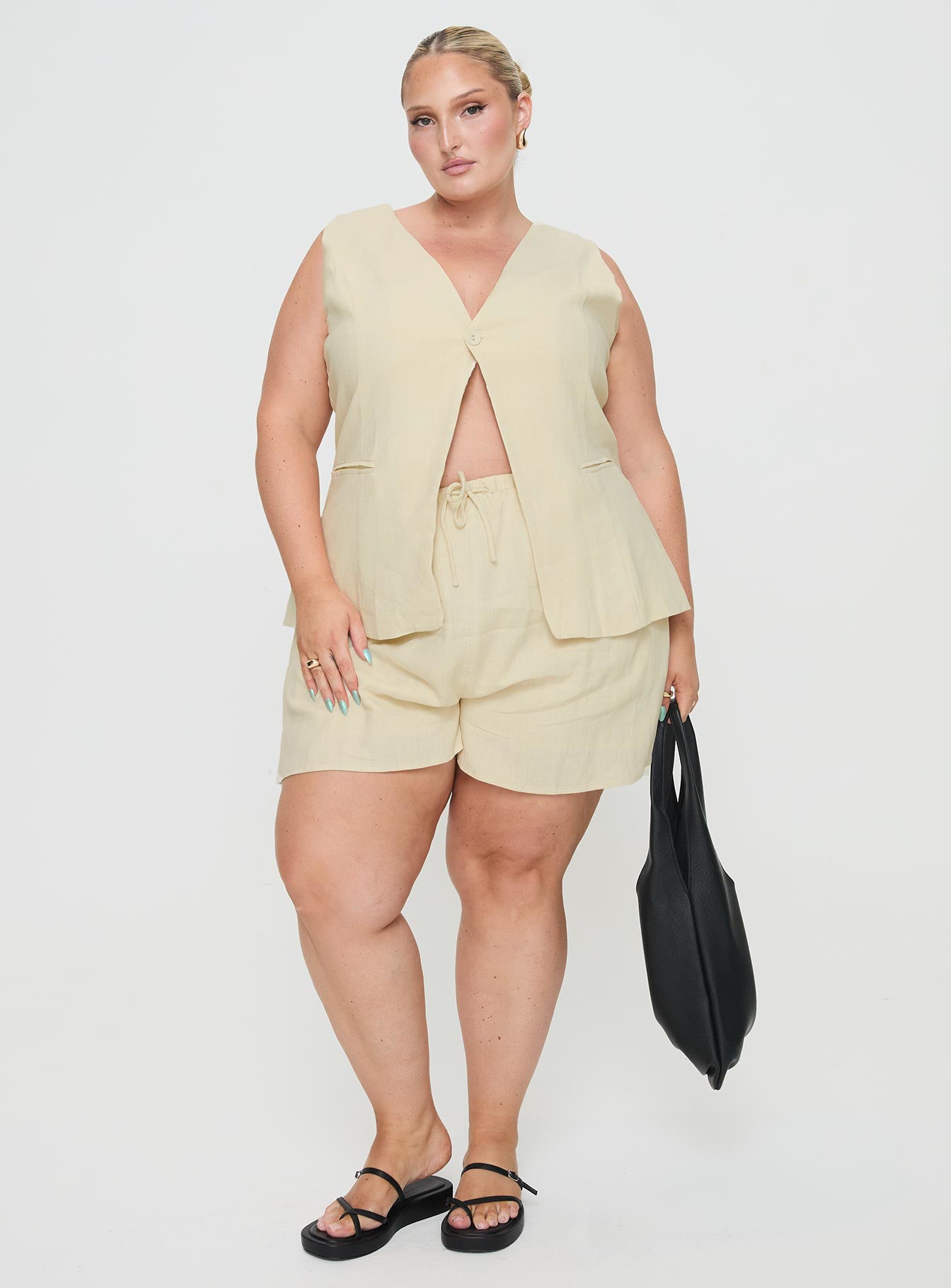 front view of model wearing Princess Polly This Summer Linen Blend Shorts Sand Curve High Waisted Shorts 