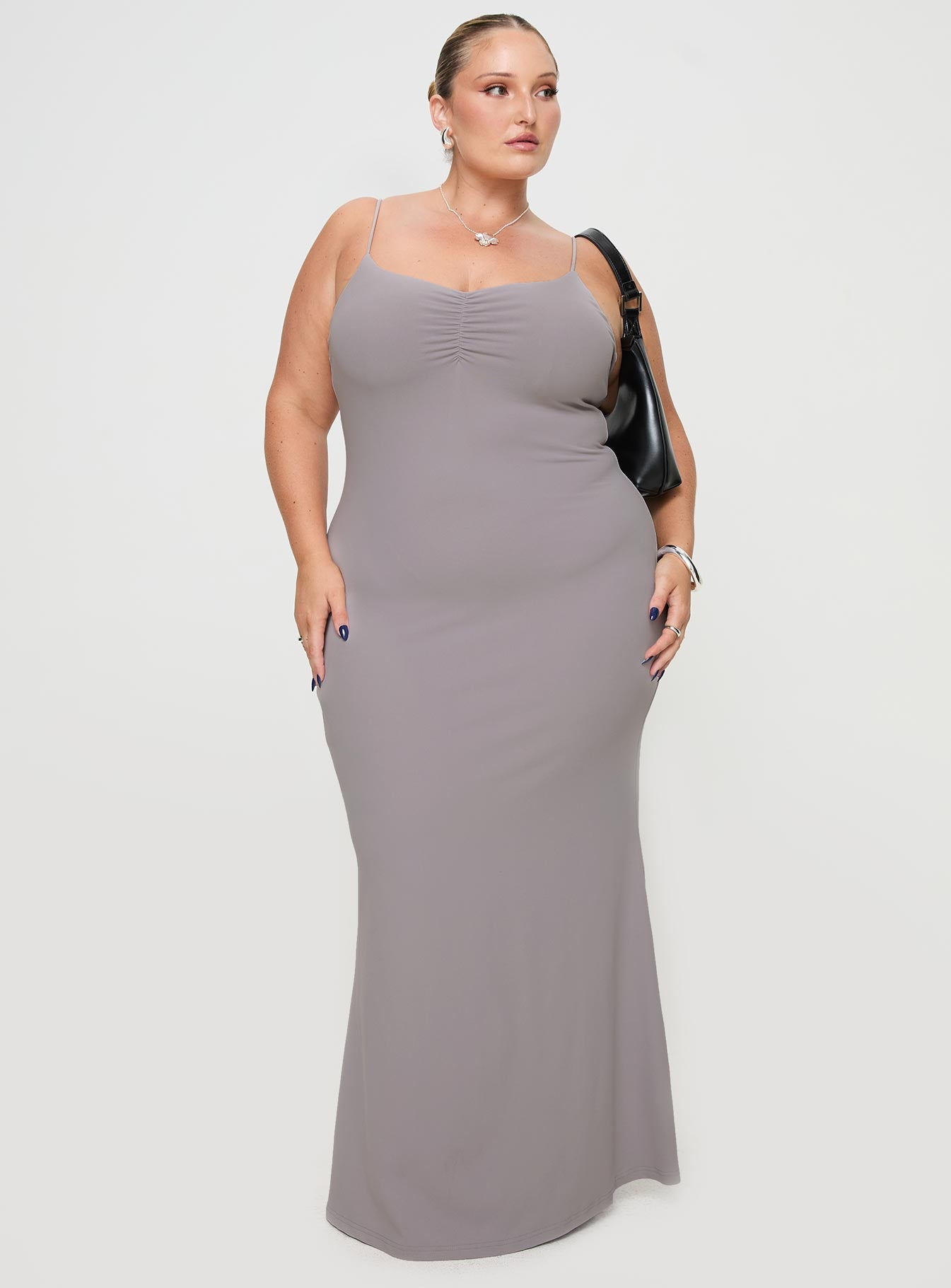 front view of model wearing Princess Polly Arabellia Maxi Dress Grey Curve V-Neck 