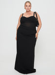 Black maxi dress adjustable straps, sweetheart neckline, mesh material, ruching detail, split hem