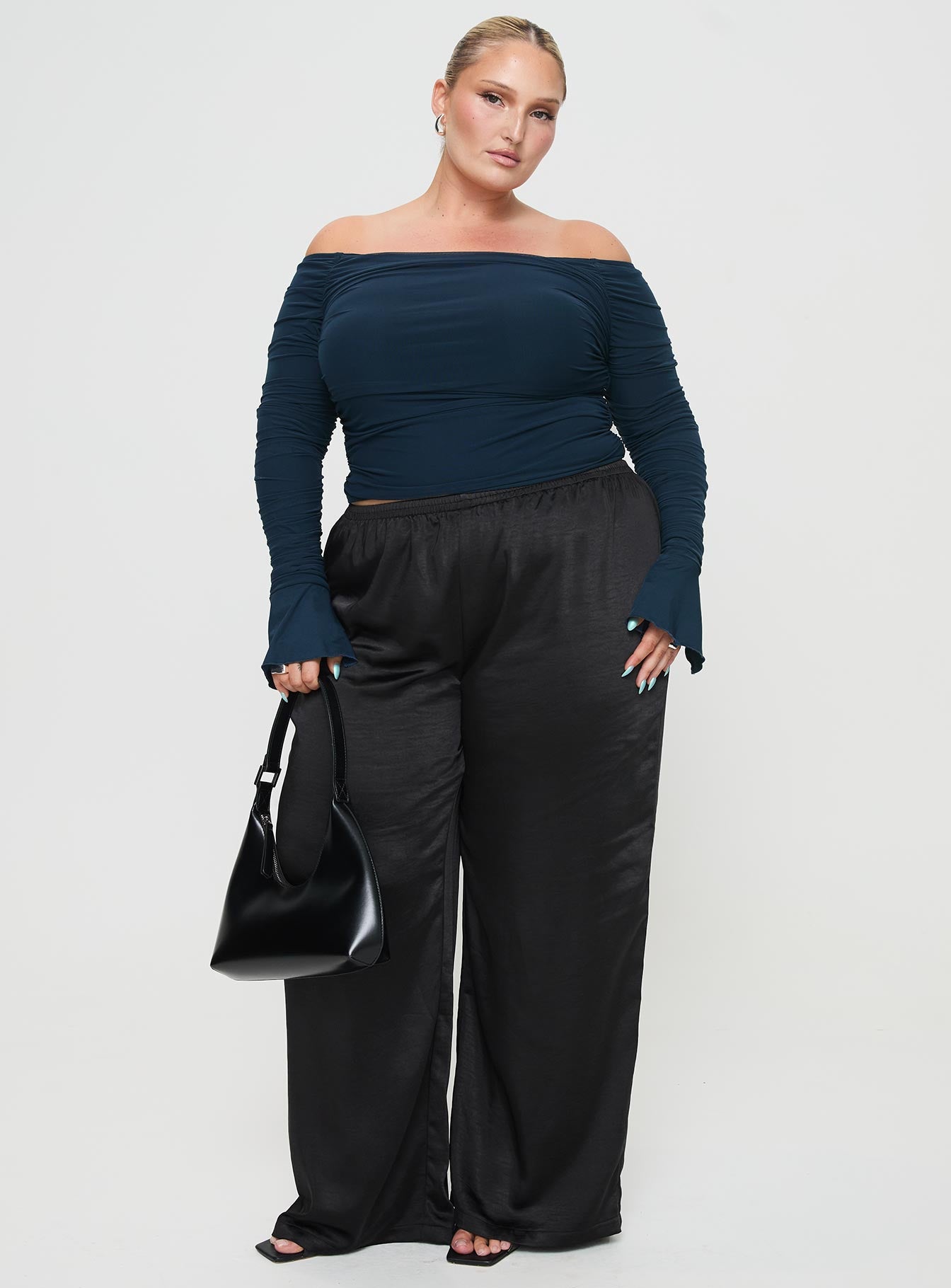 front view of model wearing Princess Polly Moreno Off The Shoulder Top Navy Curve Full Sleeves straight 