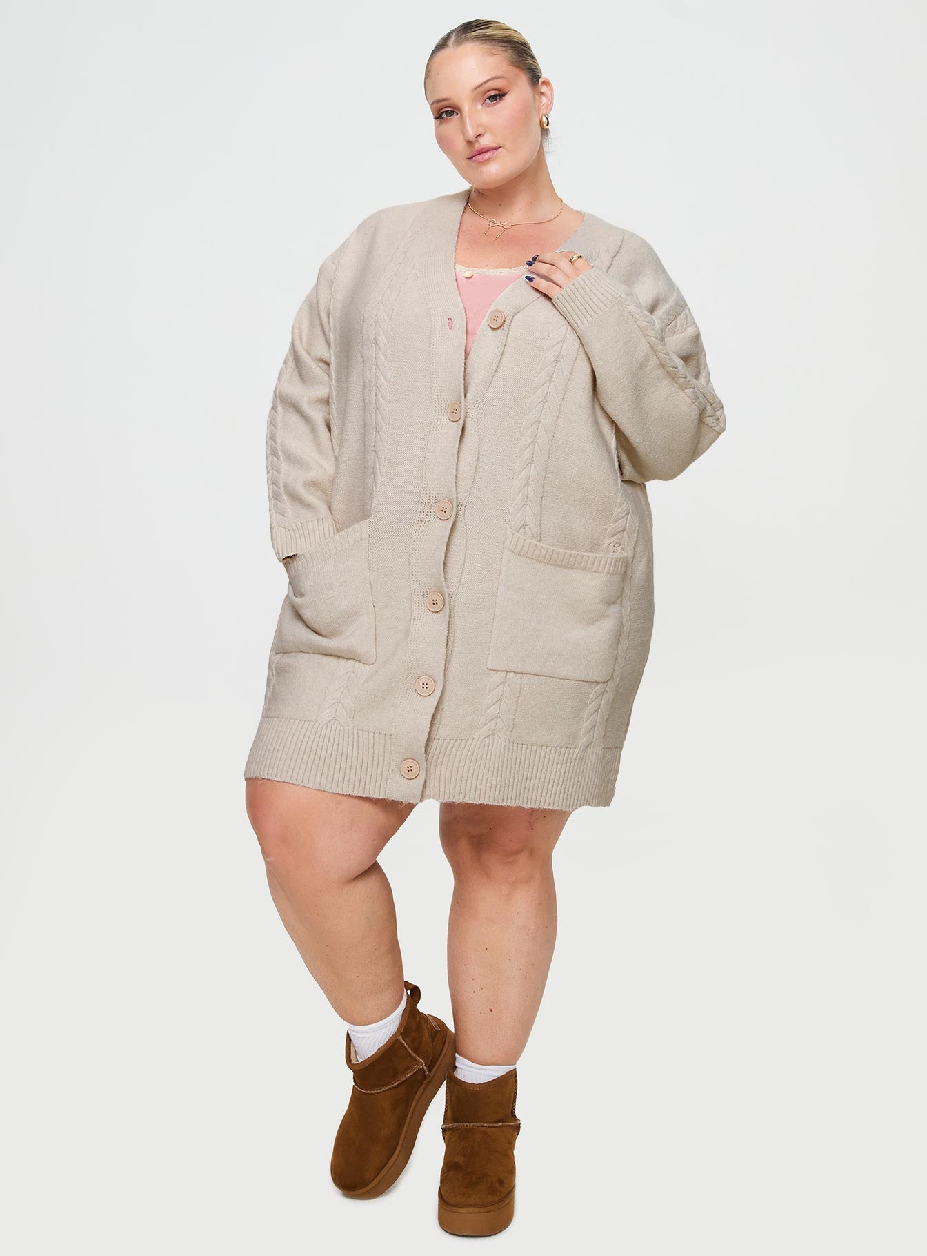 front view of model wearing Princess Polly Cardi Long Sleeve Mini Dress Cream Curve V-Neck 