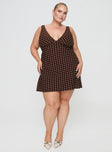 front view of model wearing Princess Polly Nellie Mini Dress Brown Polka Dot Curve Plunger 