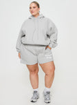 front view of model wearing Princess Polly Princess Polly Hooded Sweatshirt Puff Text Grey Curve 