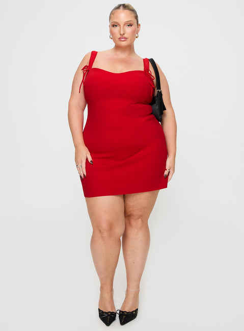front view of model wearing Princess Polly Lovers Quarrel Mini Dress Red Curve Sweetheart Neckline 