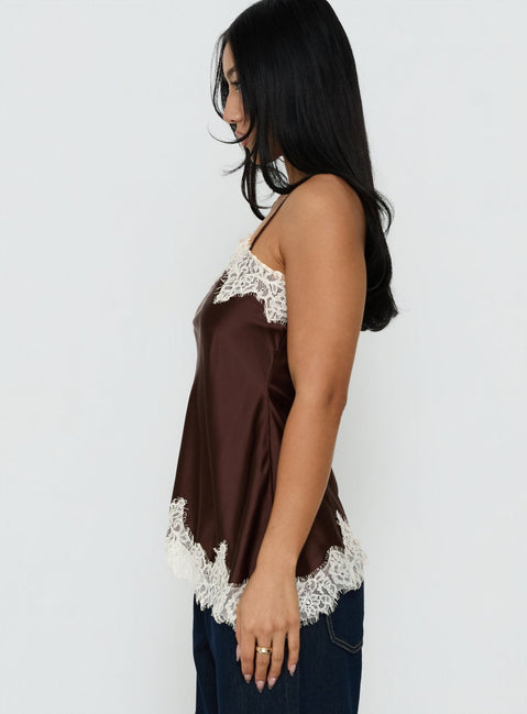 Winta Lace Trim Asymmetrical Satin Top Chocolate