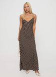 front view of model wearing Princess Polly Jorjana Polka Maxi Dress Brown / White Plunger 