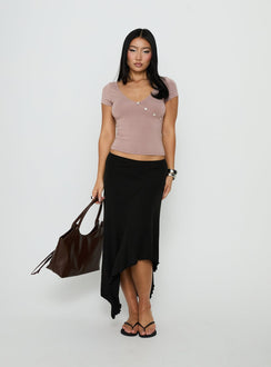 Showcasing the Futura Asymmetrical Midi Skirt Black in womens-skirts with midi-length detail Princess Polly