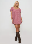 front view of model wearing Princess Polly Lilibet Mini Dress Red Gingham Square Neck 