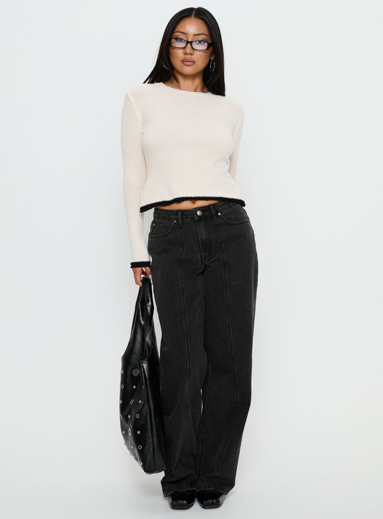 front view of model wearing Princess Polly Keree Lightweight Knit Sweater Cream cropped 