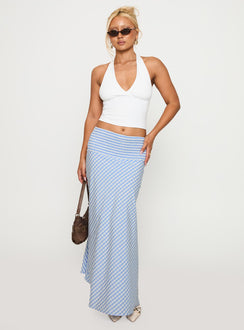   side view of model wearing Princess Polly Every Girl Shirred Maxi Skirt Blue Check Maxi 