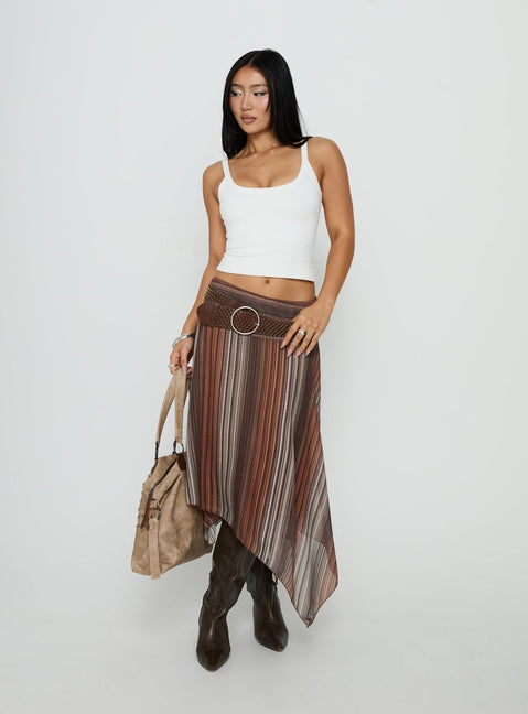 Showcasing the Massino Asymmetrical Midi Skirt Multi Stripe womens-skirts featuring midi length with belt and relaxed fit front view of model wearing Princess Polly
