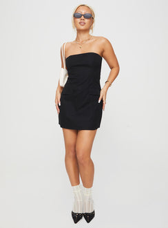 front view of model wearing Princess Polly Langdon Strapless Mini Dress Black Straight Neck 