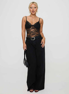 front view of model wearing Princess Polly Wystan Lace Bodysuit Black Sleeveless Plunger 