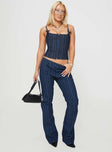 side view of model wearing Princess Polly Charismatic Jean Dark Pinstripe Low Rise Jeans 