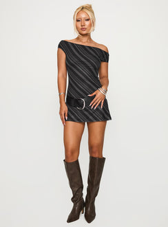 front view of model wearing Princess Polly Hari Mini Dress Stripe Asymmetric Neckline 